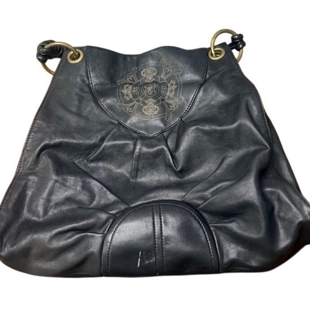 Kate Landry black faux leather bag gold design boho oversized‎ scratched